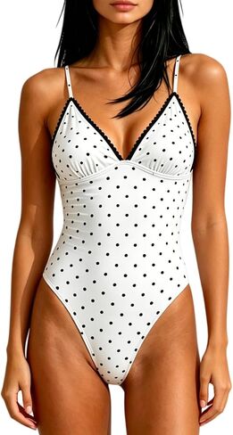 One Piece Polka Dot Swimsuit for Women Deep V-Neck Full Coverage Bathing Suits Ruffle Trim Tummy Control Swimsuit in Saudi Arabia