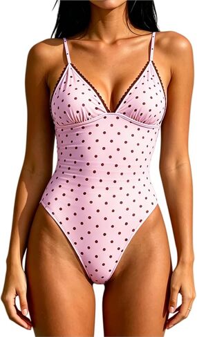 One Piece Polka Dot Swimsuit for Women Deep V-Neck Full Coverage Bathing Suits Ruffle Trim Tummy Control Swimsuit in Saudi Arabia