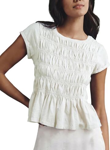 Shiyifa Womens Peplum Babydoll Tops Smocked Ruched Crew Neck Cap Sleeve Tee in Saudi Arabia