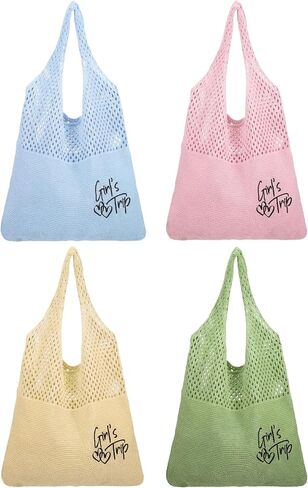 Patelai 4 Pcs Girls Trip Gifts Embroidered Beach Mesh Tote Bags for Women Summer Beach Mesh Tote Girls Weekend Trip Favors (Macaron) in Kuwait