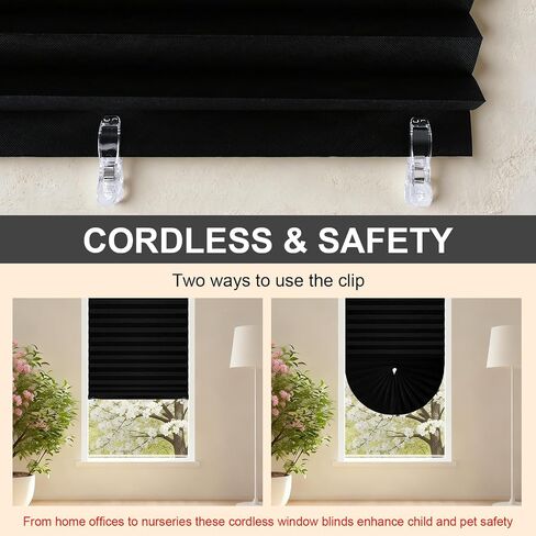 6Pcs 100% Full Blackout Pleated Shades for Windows, No Drill Cordless Window Blinds with Adjustable Height Clips, Temporary Adhesive Shades for Bedroom Apartment Nursery Media Room, 35" W x 71" H in Saudi Arabia