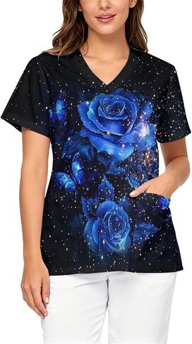 Women's Scrub Tops V Neck Floral Printed Medical Shirts with Pockets, Nursing Home Healthcare Uniforms Scrubs in Saudi Arabia