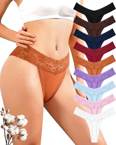 Cotton Thongs for Women Sexy Seamless Underwear T Back Thong Comfort Ladies Lace Panties Breathable Low Waist 9 Pack in Saudi Arabia