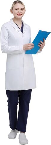 White Lab Coat Unisex Medical Coat with Notch Lapel 3 Pockets 35% Cotton 65% Polyester Wrinkle Resistant DK76 in Kuwait