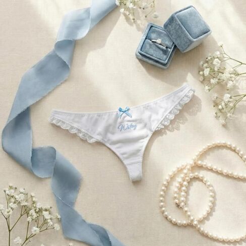 Wifey Thong,Wifey Embroidered Lace Bridal Panties with Blue Bow,Something Blue Gift for Wedding Night,Honeymoon Party in Saudi Arabia