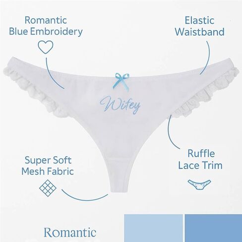 Wifey Thong,Wifey Embroidered Lace Bridal Panties with Blue Bow,Something Blue Gift for Wedding Night,Honeymoon Party in Saudi Arabia