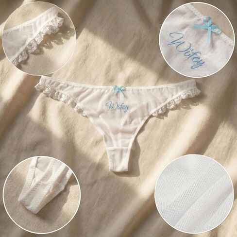 Wifey Thong,Wifey Embroidered Lace Bridal Panties with Blue Bow,Something Blue Gift for Wedding Night,Honeymoon Party in Saudi Arabia