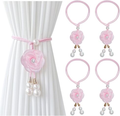 4 Pcs Curtain Tiebacks, Pink Flower Drapery Holdbacks with Faux Pearls String, No Drill Adjustable Wrap Around Window Drape Ties, for Living Room Bedroom Office in Saudi Arabia