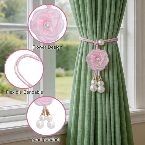 4 Pcs Curtain Tiebacks, Pink Flower Drapery Holdbacks with Faux Pearls String, No Drill Adjustable Wrap Around Window Drape Ties, for Living Room Bedroom Office in Saudi Arabia