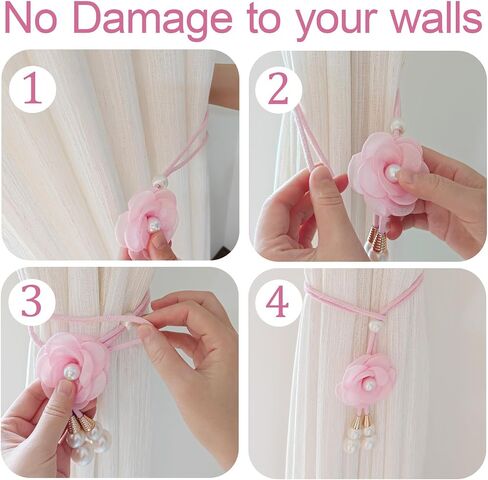 4 Pcs Curtain Tiebacks, Pink Flower Drapery Holdbacks with Faux Pearls String, No Drill Adjustable Wrap Around Window Drape Ties, for Living Room Bedroom Office in Saudi Arabia