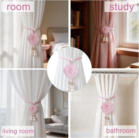 4 Pcs Curtain Tiebacks, Pink Flower Drapery Holdbacks with Faux Pearls String, No Drill Adjustable Wrap Around Window Drape Ties, for Living Room Bedroom Office in Saudi Arabia