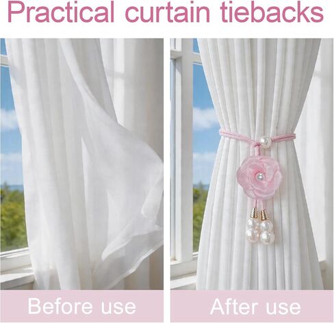 4 Pcs Curtain Tiebacks, Pink Flower Drapery Holdbacks with Faux Pearls String, No Drill Adjustable Wrap Around Window Drape Ties, for Living Room Bedroom Office in Saudi Arabia