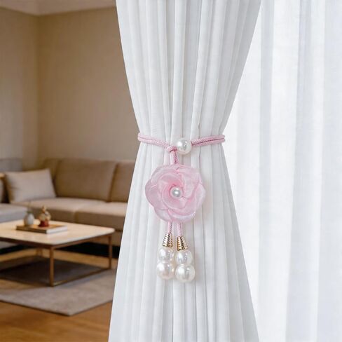 4 Pcs Curtain Tiebacks, Pink Flower Drapery Holdbacks with Faux Pearls String, No Drill Adjustable Wrap Around Window Drape Ties, for Living Room Bedroom Office in Saudi Arabia
