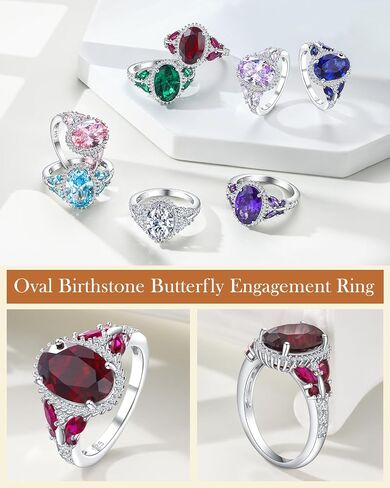 AIBAO Large Oval Engagement Rings for Women Sterling Silver Created Sapphire/Ruby/Aquamarine/Emerald/Amethyst/Alexandrite/CZ Butterfly Halo Ring Birthstone Rings Jewelry Size 6 to 10 in Saudi Arabia