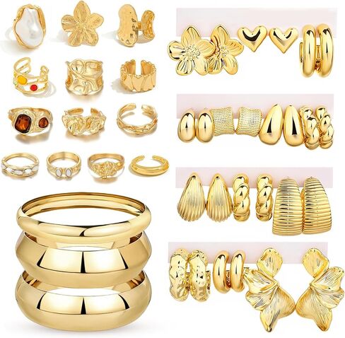 42 Pcs Chunky Gold Jewelry Set for Women Layered Chain Bracelets Hoop Earrings Stackable Ring Fashion Jewelry Set for Women in Saudi Arabia