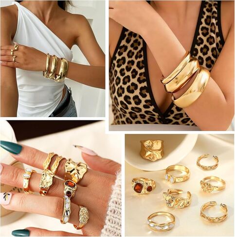 42 Pcs Chunky Gold Jewelry Set for Women Layered Chain Bracelets Hoop Earrings Stackable Ring Fashion Jewelry Set for Women in Saudi Arabia