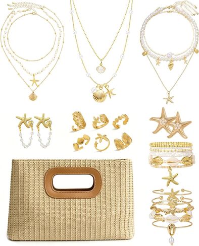 33 Pcs Starfish Seashell Jewelry Set with Straw Clutch Handbag Layer Necklace Bracelets Stackable Shell Starfish Rings Stud Earrings Summer Beach Accessories for Women in Saudi Arabia