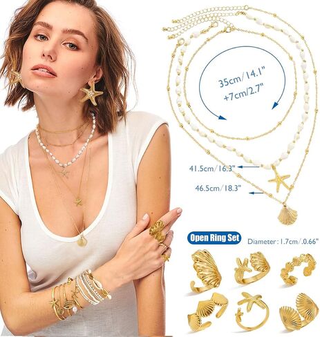 33 Pcs Starfish Seashell Jewelry Set with Straw Clutch Handbag Layer Necklace Bracelets Stackable Shell Starfish Rings Stud Earrings Summer Beach Accessories for Women in Saudi Arabia