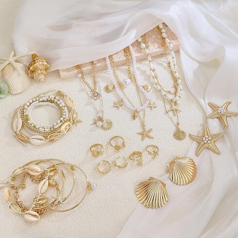 33 Pcs Starfish Seashell Jewelry Set with Straw Clutch Handbag Layer Necklace Bracelets Stackable Shell Starfish Rings Stud Earrings Summer Beach Accessories for Women in Saudi Arabia