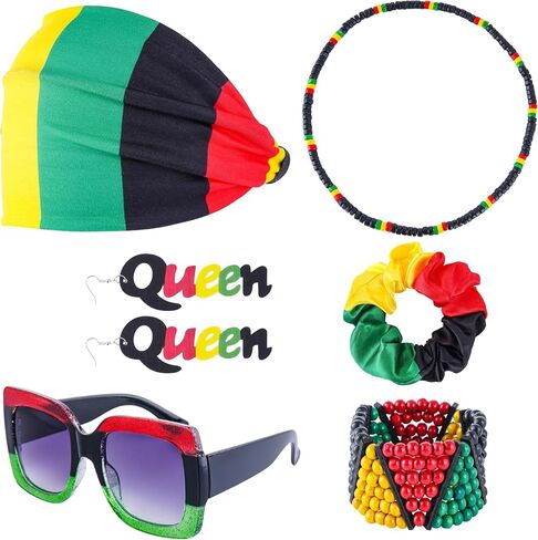 Mantveil 6 Pcs Juneteenth Accessories for Women, African Headband Square Sunglasses Rasta Beaded Bracelets Jamaica Necklace Earrings Black History Month Jewelry Set in Saudi Arabia