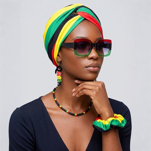 Mantveil 6 Pcs Juneteenth Accessories for Women, African Headband Square Sunglasses Rasta Beaded Bracelets Jamaica Necklace Earrings Black History Month Jewelry Set in Saudi Arabia