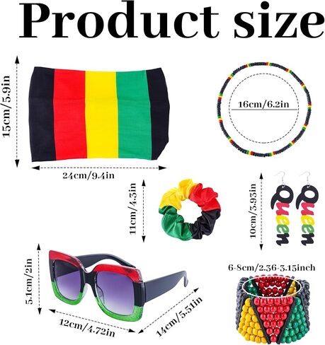 Mantveil 6 Pcs Juneteenth Accessories for Women, African Headband Square Sunglasses Rasta Beaded Bracelets Jamaica Necklace Earrings Black History Month Jewelry Set in Saudi Arabia