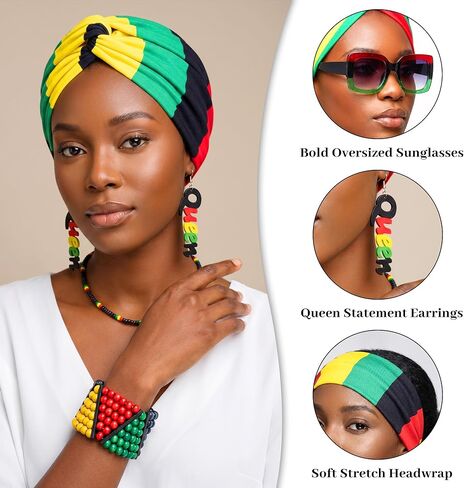 Mantveil 6 Pcs Juneteenth Accessories for Women, African Headband Square Sunglasses Rasta Beaded Bracelets Jamaica Necklace Earrings Black History Month Jewelry Set in Saudi Arabia