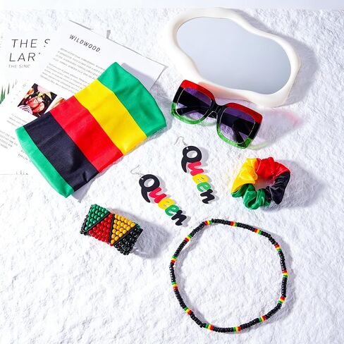 Mantveil 6 Pcs Juneteenth Accessories for Women, African Headband Square Sunglasses Rasta Beaded Bracelets Jamaica Necklace Earrings Black History Month Jewelry Set in Saudi Arabia