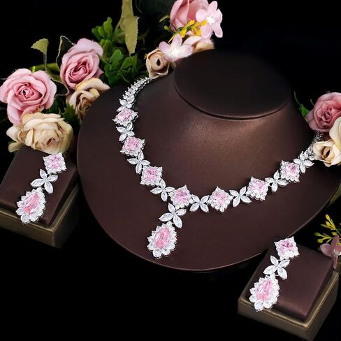 Classy Necklace Earrings Jewelry Cubic Zircon Pink Set for Bridesmaid Engagement in Kuwait