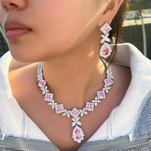Classy Necklace Earrings Jewelry Cubic Zircon Pink Set for Bridesmaid Engagement in Kuwait