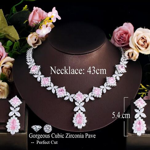 Classy Necklace Earrings Jewelry Cubic Zircon Pink Set for Bridesmaid Engagement in Kuwait