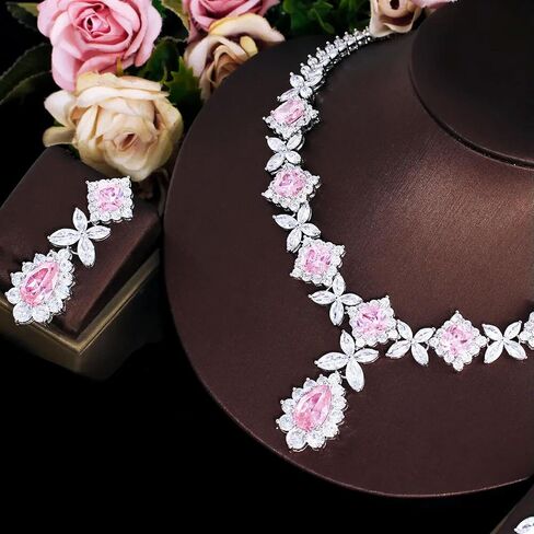 Classy Necklace Earrings Jewelry Cubic Zircon Pink Set for Bridesmaid Engagement in Kuwait