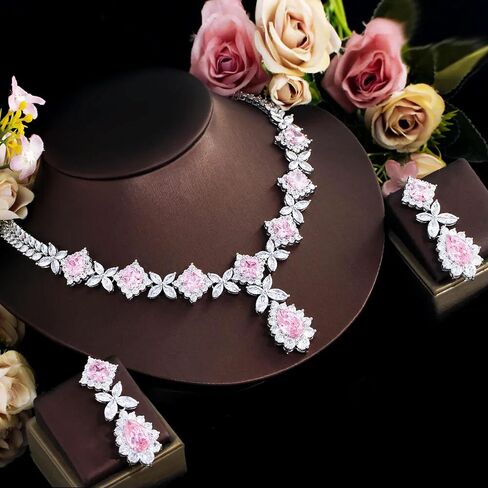 Classy Necklace Earrings Jewelry Cubic Zircon Pink Set for Bridesmaid Engagement in Kuwait