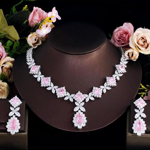 Classy Necklace Earrings Jewelry Cubic Zircon Pink Set for Bridesmaid Engagement in Kuwait