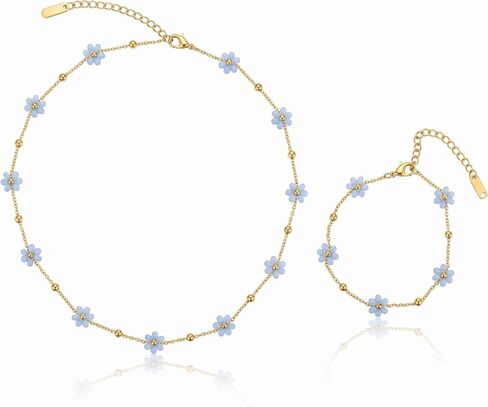 Flower Layered Necklace and Earrings Set, 16K Gold Plated Stainless Steel Y-Shaped Lariat Necklace with Colorful Flower Charms Dainty Drop Earrings Jewelry Set for Women Gifts in Saudi Arabia