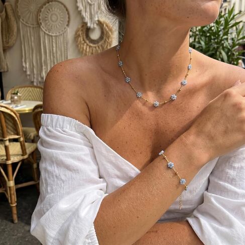 Flower Layered Necklace and Earrings Set, 16K Gold Plated Stainless Steel Y-Shaped Lariat Necklace with Colorful Flower Charms Dainty Drop Earrings Jewelry Set for Women Gifts in Saudi Arabia