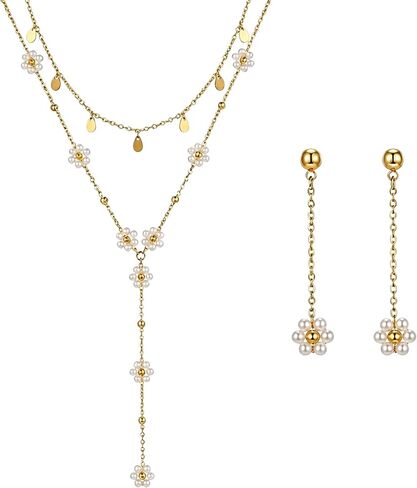 Flower Layered Necklace and Earrings Set, 16K Gold Plated Stainless Steel Y-Shaped Lariat Necklace with Colorful Flower Charms Dainty Drop Earrings Jewelry Set for Women Gifts in Saudi Arabia