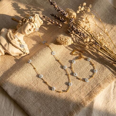 Flower Layered Necklace and Earrings Set, 16K Gold Plated Stainless Steel Y-Shaped Lariat Necklace with Colorful Flower Charms Dainty Drop Earrings Jewelry Set for Women Gifts in Saudi Arabia