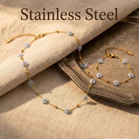 Flower Layered Necklace and Earrings Set, 16K Gold Plated Stainless Steel Y-Shaped Lariat Necklace with Colorful Flower Charms Dainty Drop Earrings Jewelry Set for Women Gifts in Saudi Arabia