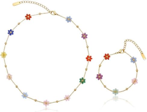 Flower Layered Necklace and Earrings Set, 16K Gold Plated Stainless Steel Y-Shaped Lariat Necklace with Colorful Flower Charms Dainty Drop Earrings Jewelry Set for Women Gifts in Saudi Arabia