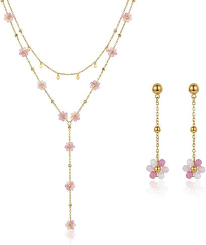 Flower Layered Necklace and Earrings Set, 16K Gold Plated Stainless Steel Y-Shaped Lariat Necklace with Colorful Flower Charms Dainty Drop Earrings Jewelry Set for Women Gifts in Saudi Arabia