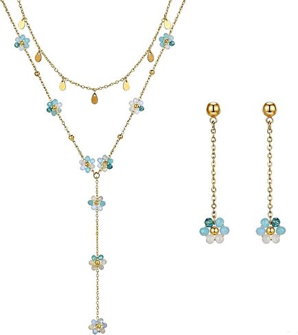 Flower Layered Necklace and Earrings Set, 16K Gold Plated Stainless Steel Y-Shaped Lariat Necklace with Colorful Flower Charms Dainty Drop Earrings Jewelry Set for Women Gifts in Saudi Arabia