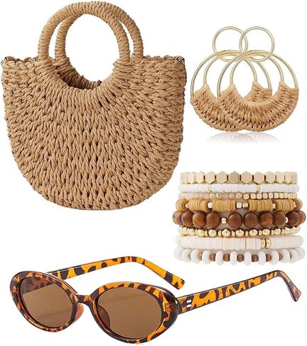 4 Pcs Summer Beach Accessories Set for Women, Straw Handbag + Leopard Print Oval Sunglasses + Boho Stackable Beaded Bracelets + Raffia Woven Hoop Earrings, Vacation Pool Party Outfit Gift in Saudi Arabia