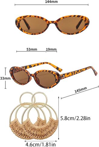 4 Pcs Summer Beach Accessories Set for Women, Straw Handbag + Leopard Print Oval Sunglasses + Boho Stackable Beaded Bracelets + Raffia Woven Hoop Earrings, Vacation Pool Party Outfit Gift in Saudi Arabia