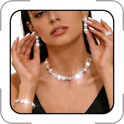Silver Wedding Jewelry Sets Jewelry Set Prom Costume Crystal Necklace Earrings Bracelet for Bride Bridesmaid Accessorie in Kuwait