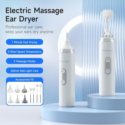 Renergy Ear Dryer, Rechargeable Ear Water Drying Aid with Red Light Therapy, Electric Ear Water Remover with 3 Airflow Modes & Massage for Dry Ears, Swimmers, Showers, Water Sports, Hearing Aid Use in Saudi Arabia