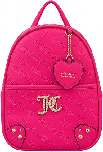 حقيبة ظهر نسائية صغيرة من Juicy Couture، حقيبة ظهر صغيرة من الجلد الصناعي بشعار منقوش مع حرف JC من حجر الراين، لمسة ساحرة على شكل قلب، حقيبة سفر يومية مدمجة (وردي فلاش) in Kuwait