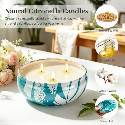 Citronella Candles Outdoor, Large Citronella Candles with Lids 36 OZ 3 Wicks Natural Soy Wax 240 Hours Long Lasting Burning Summer Candle for Patio Garden Yard Balcony Camping Party Indoor, 3 Packs in Saudi Arabia