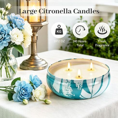 Citronella Candles Outdoor, Large Citronella Candles with Lids 36 OZ 3 Wicks Natural Soy Wax 240 Hours Long Lasting Burning Summer Candle for Patio Garden Yard Balcony Camping Party Indoor, 3 Packs in Saudi Arabia