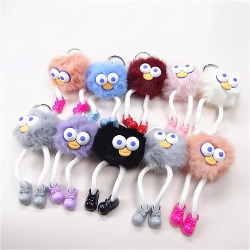ikaufen 10 Pcs Cute Monster Plush Keychain Fluffy Pom Pom Key Ring with Legs Shoes Adorable Bag Charm for Kids Adults in Saudi Arabia
